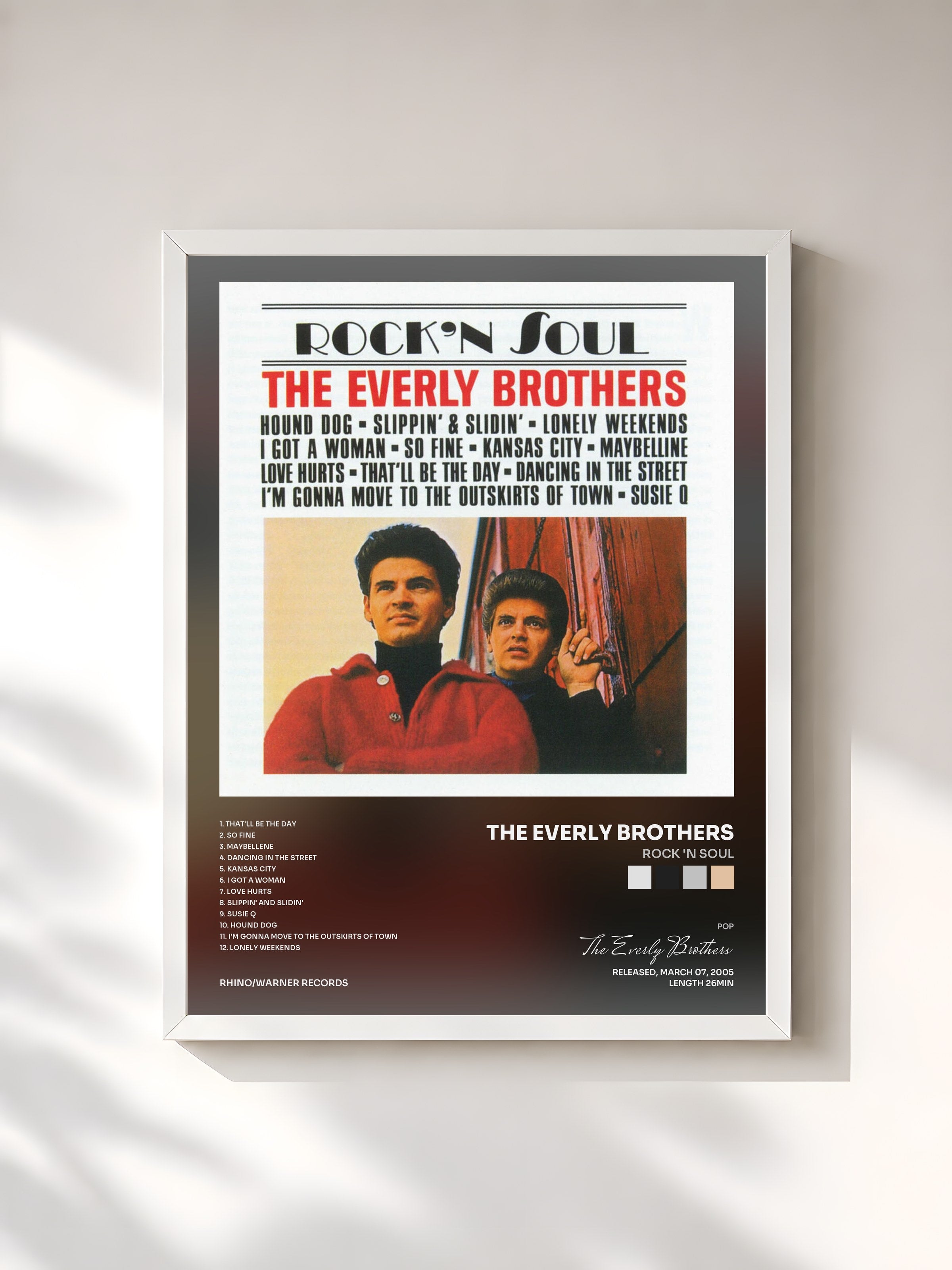 #blanc Tableau de l'album Rock 'n Soul de The Everly Brothers, cadre blanc, imprimé et encadré en France