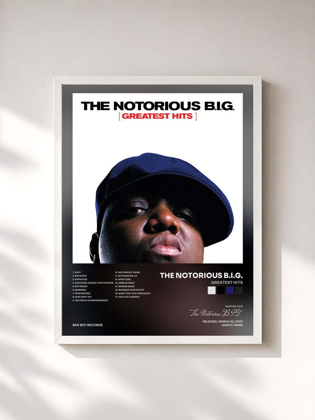 #blanc Tableau de l'album Greatest Hits de The Notorious B.I.G., cadre blanc, imprimé et encadré en France