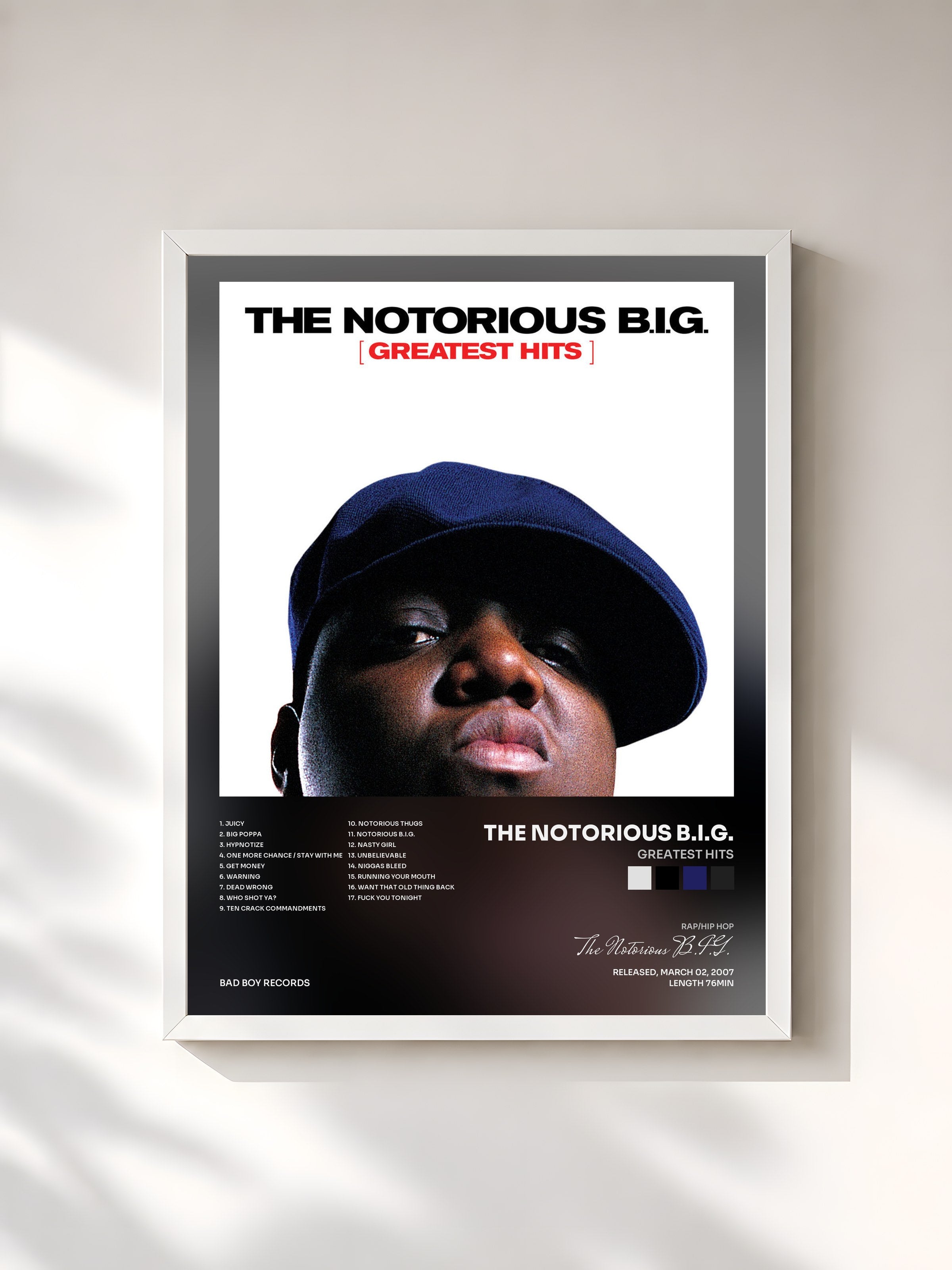 #blanc Tableau de l'album Greatest Hits de The Notorious B.I.G., cadre blanc, imprimé et encadré en France