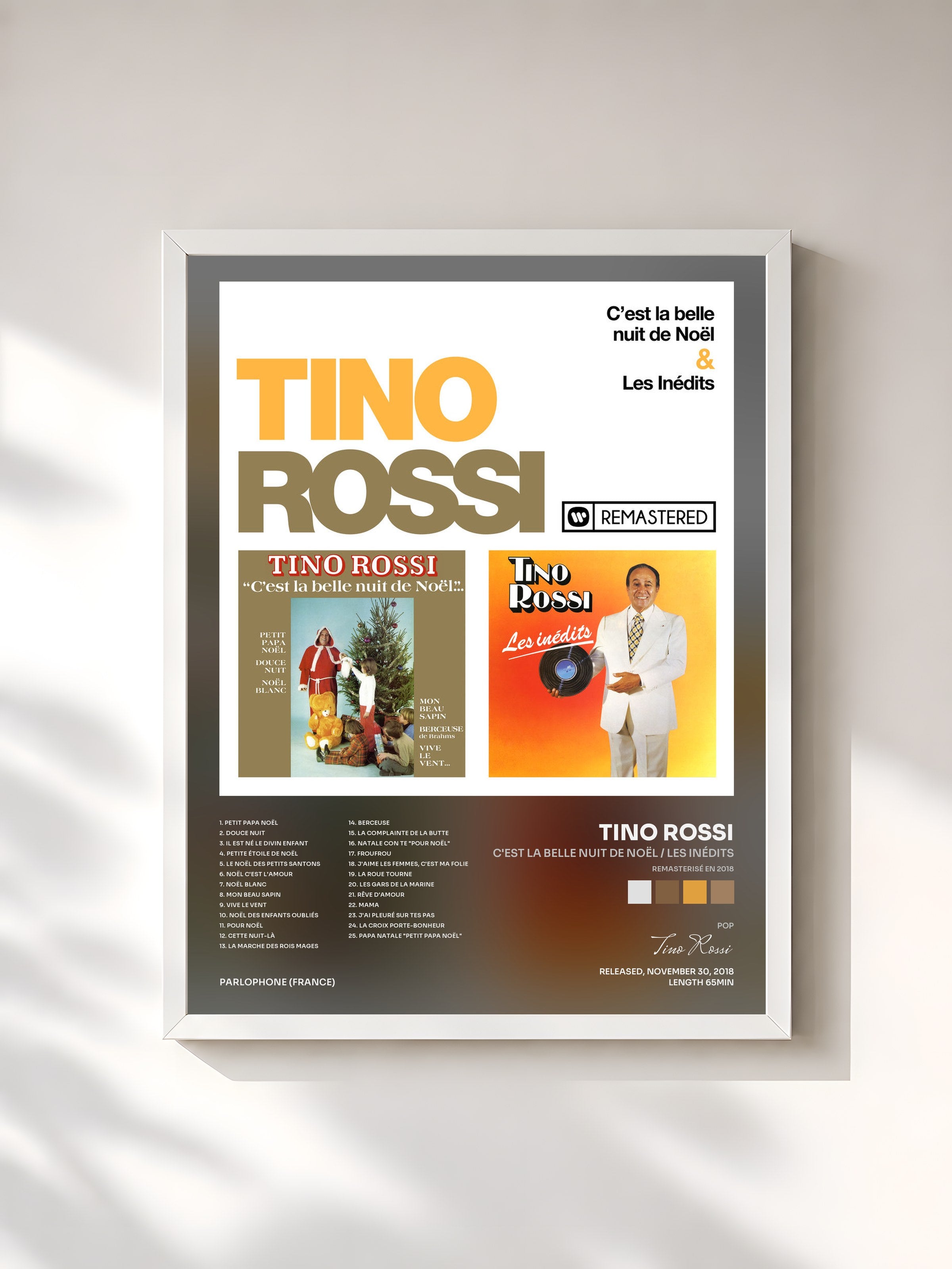 #blanc Tableau de l'album C'est la belle nuit de Noël / Les inédits (Remasterisé en 2018) de Tino Rossi, cadre blanc, imprimé et encadré en France