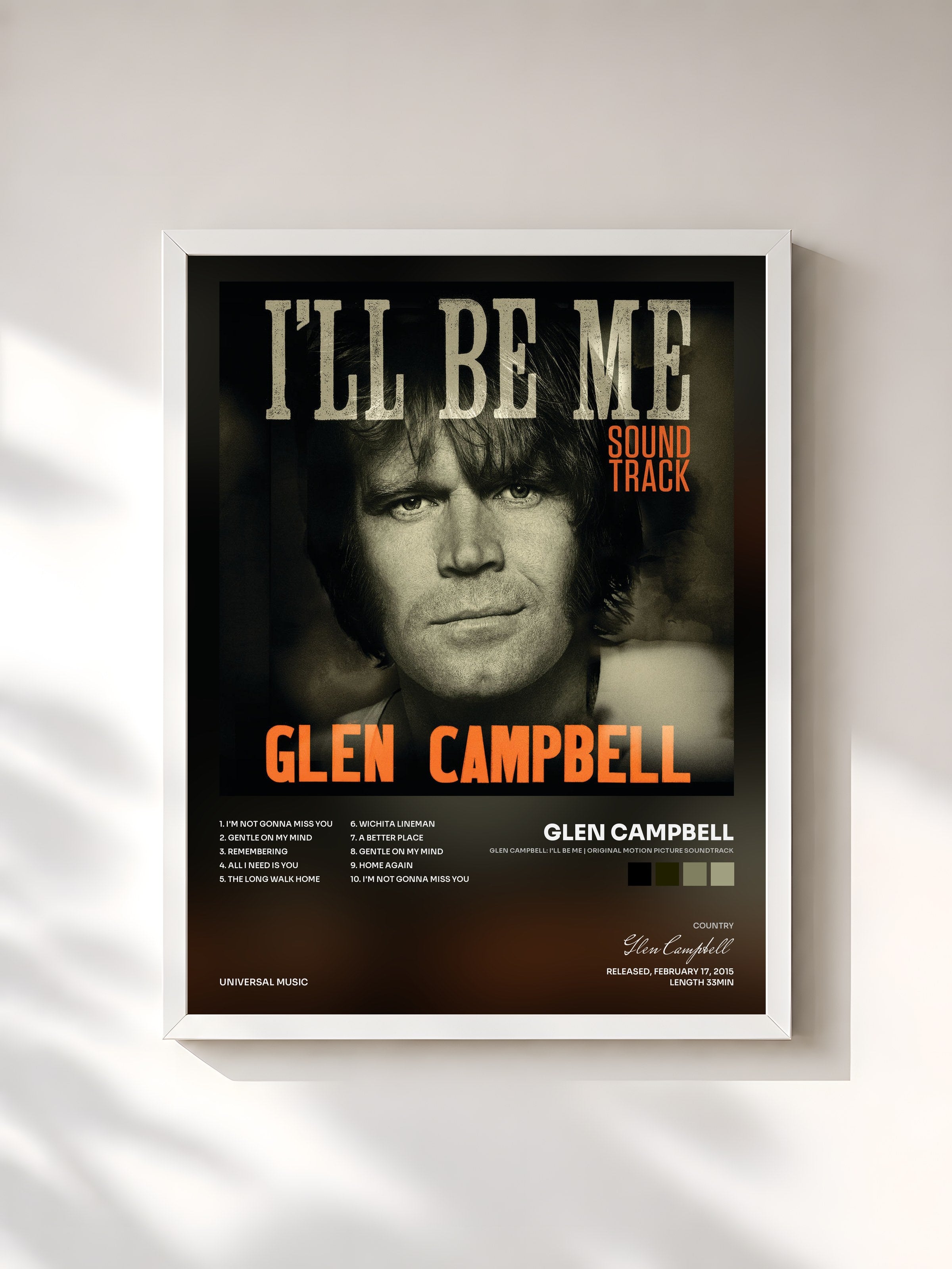 #blanc Tableau de l'album Glen Campbell: I'll Be Me | Original Motion Picture Soundtrack de Glen Campbell, cadre blanc, imprimé et encadré en France