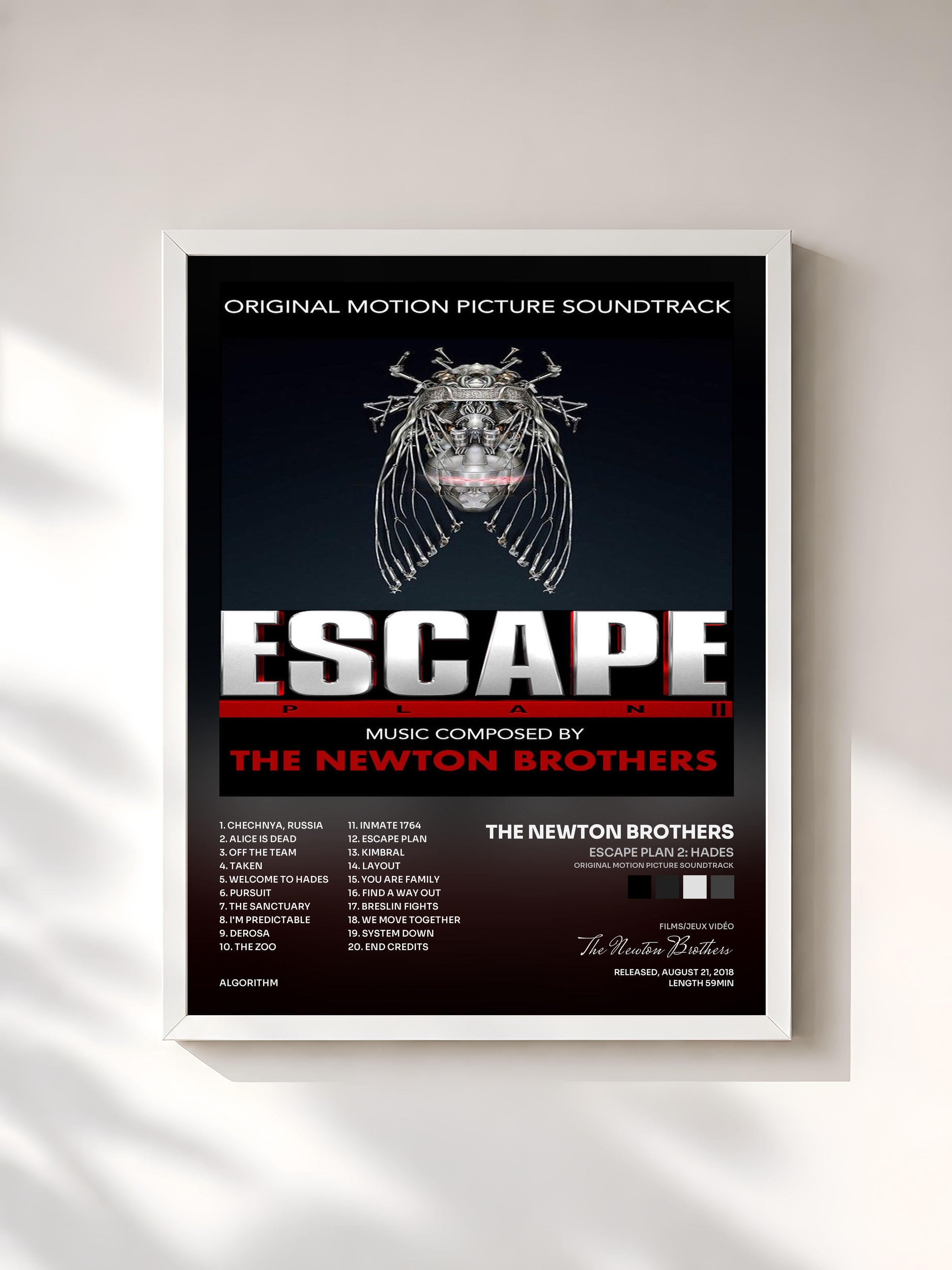 #blanc Tableau de l'album Escape Plan 2: Hades (Original Motion Picture Soundtrack) de The Newton Brothers, cadre blanc, imprimé et encadré en France