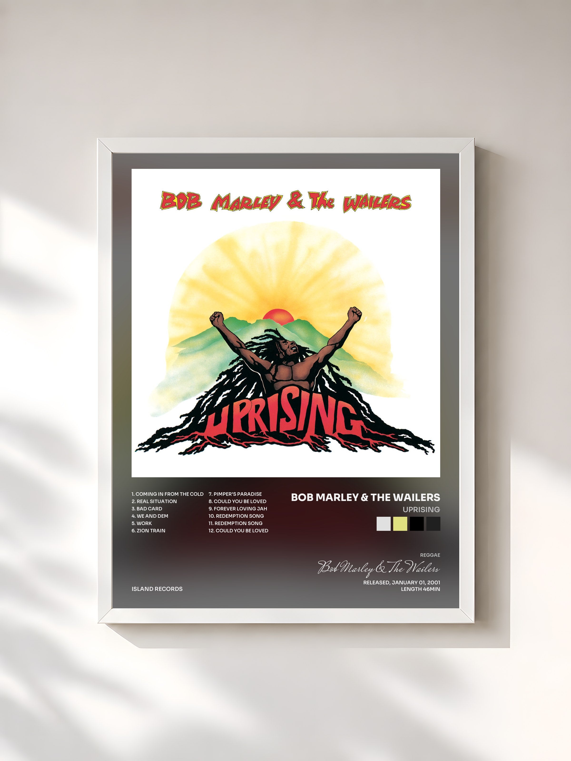#blanc Uprising by Bob Marley & The Wailers as a framed art print, white frame, printed and framed in France