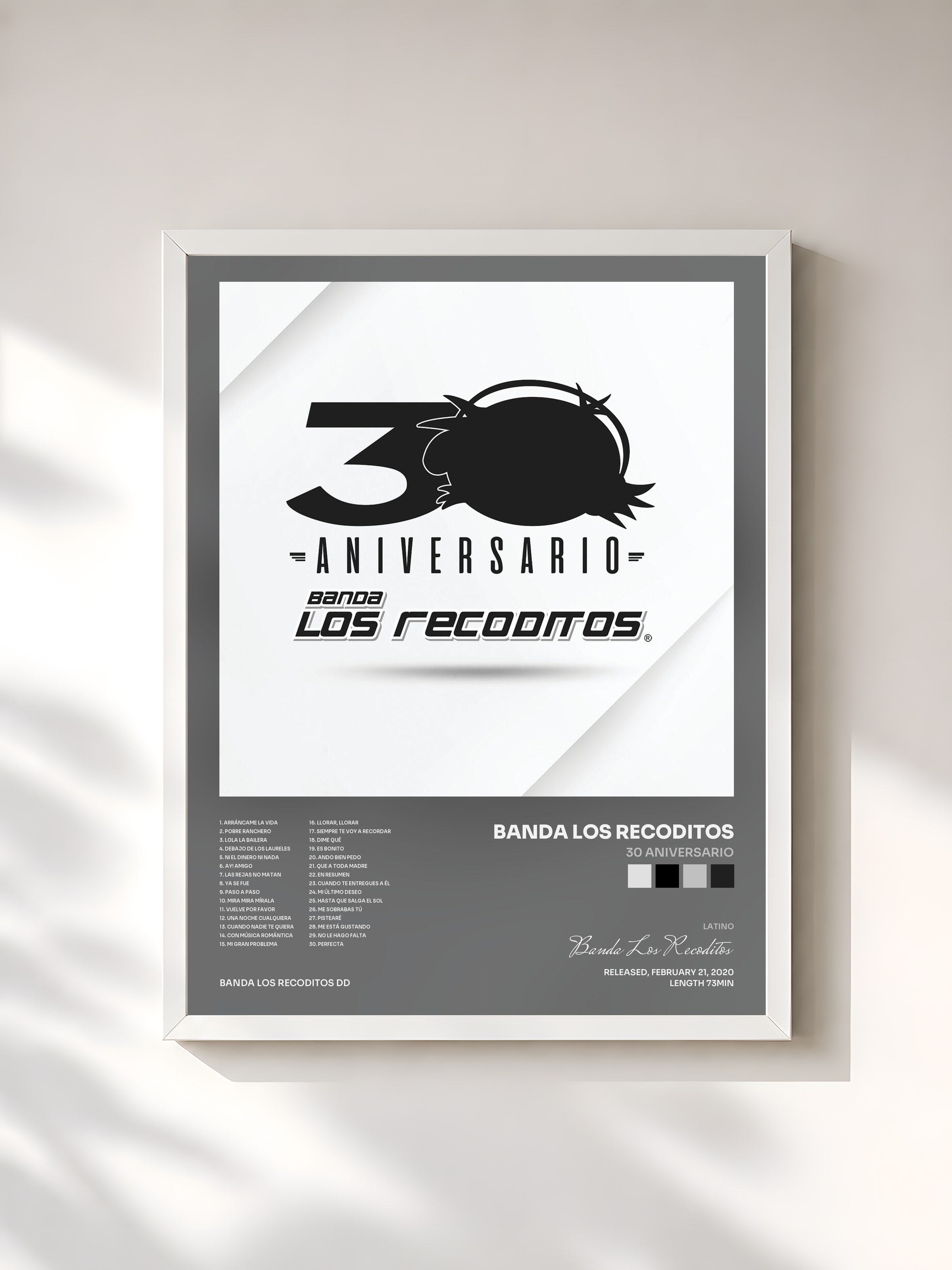 #blanc Tableau de l'album 30 Aniversario de Banda Los Recoditos, cadre blanc, imprimé et encadré en France
