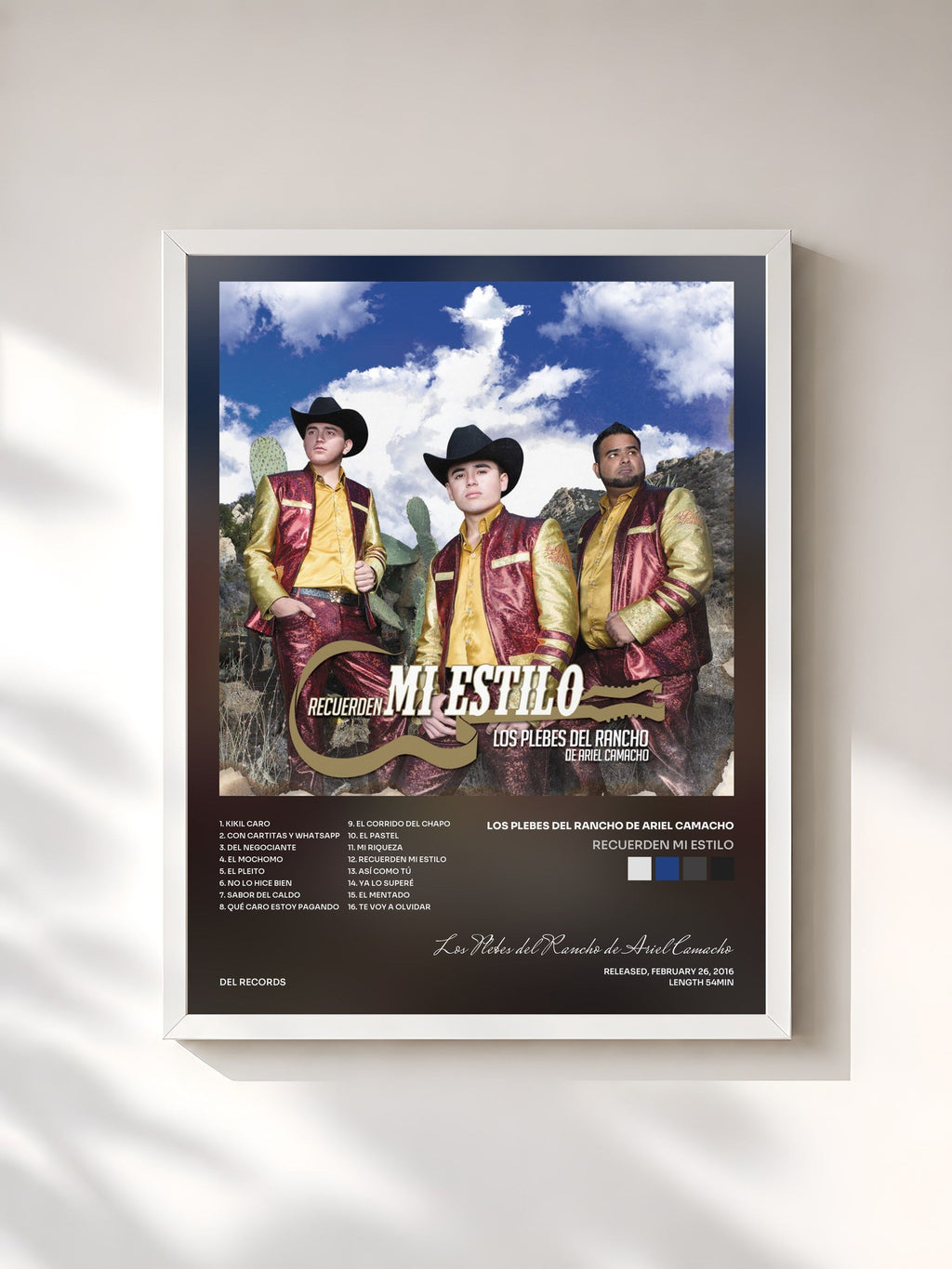 #blanc Tableau de l'album Recuerden Mi Estilo de Los Plebes del Rancho de Ariel Camacho, cadre blanc, imprimé et encadré en France