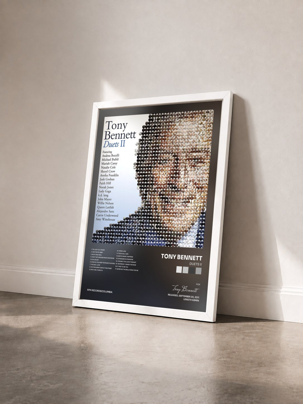 #blanc Tableau de l'album Duets II de Tony Bennett vu de trois quarts, cadre blanc