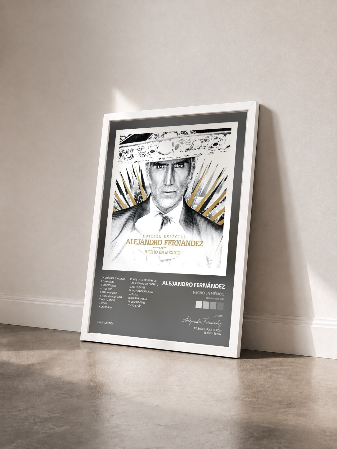 #blanc Tableau de l'album Hecho En México (Edición Especial) de Alejandro Fernández vu de trois quarts, cadre blanc