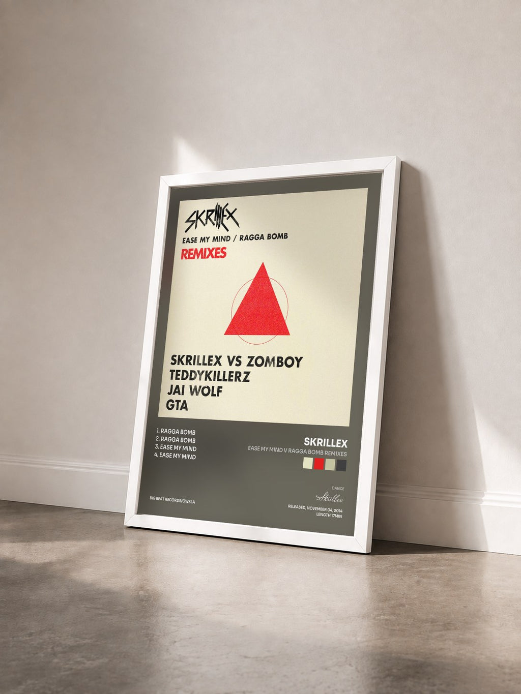 #blanc Tableau de l'album Ease My Mind v Ragga Bomb Remixes de Skrillex vu de trois quarts, cadre blanc