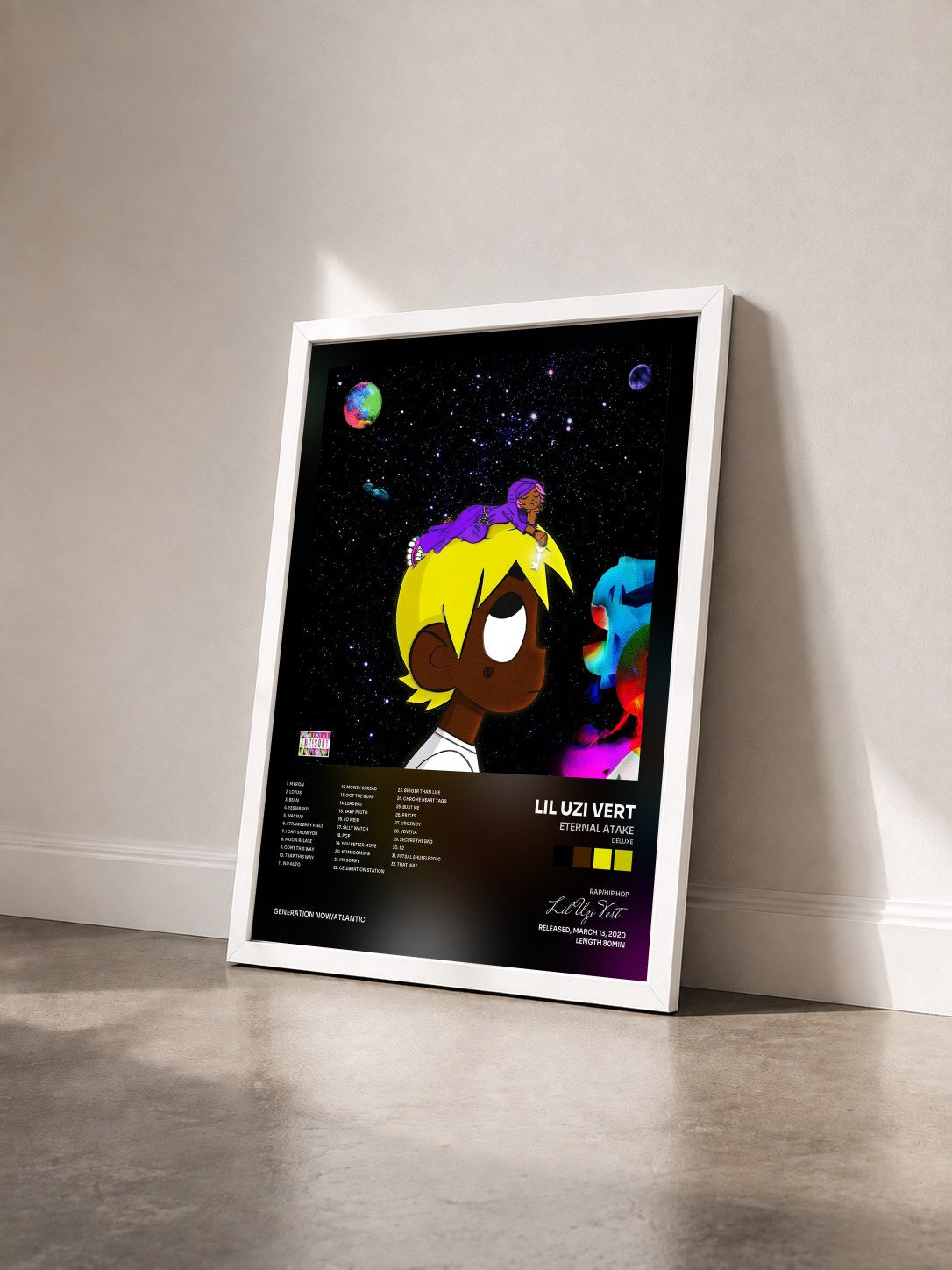 #blanc Tableau de l'album Eternal Atake (Deluxe) - LUV vs. The World 2 de Lil Uzi Vert vu de trois quarts, cadre blanc