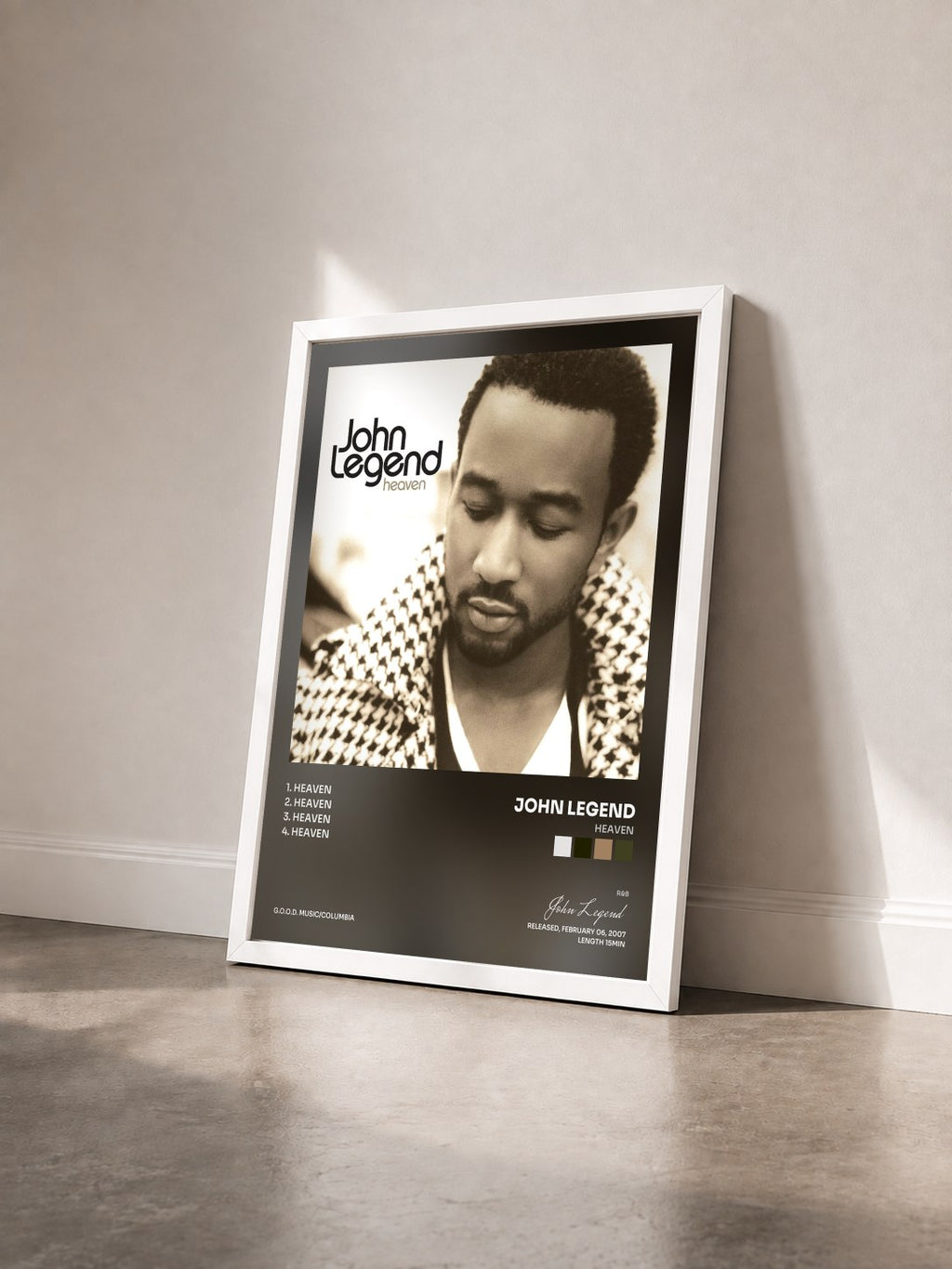 #blanc Tableau de l'album Heaven de John Legend vu de trois quarts, cadre blanc