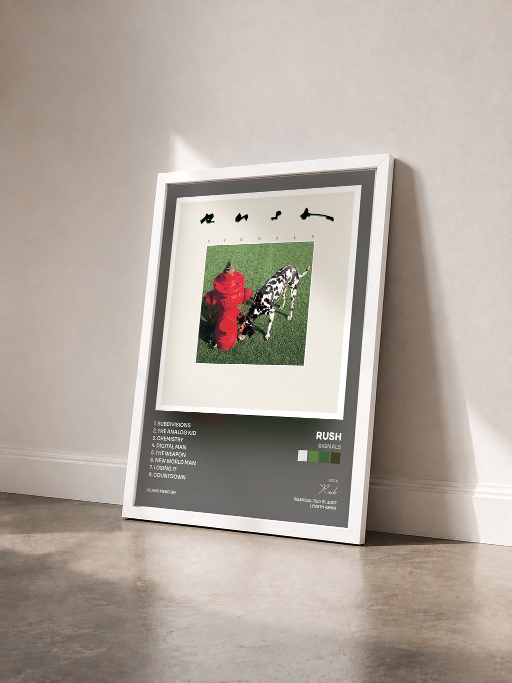 #blanc Tableau de l'album Signals de Rush vu de trois quarts, cadre blanc