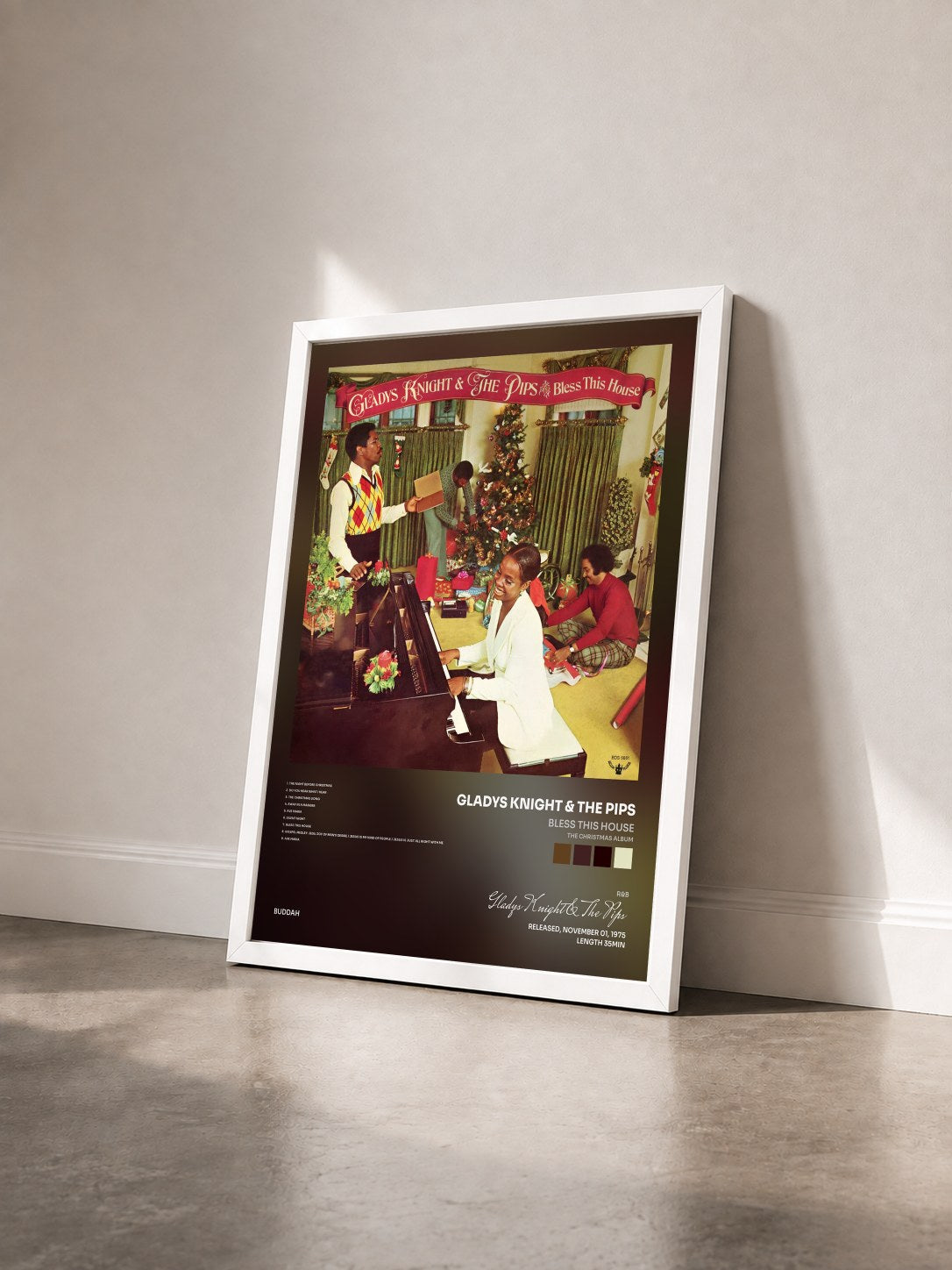 #blanc Tableau de l'album Bless This House (The Christmas Album) de Gladys Knight & The Pips vu de trois quarts, cadre blanc