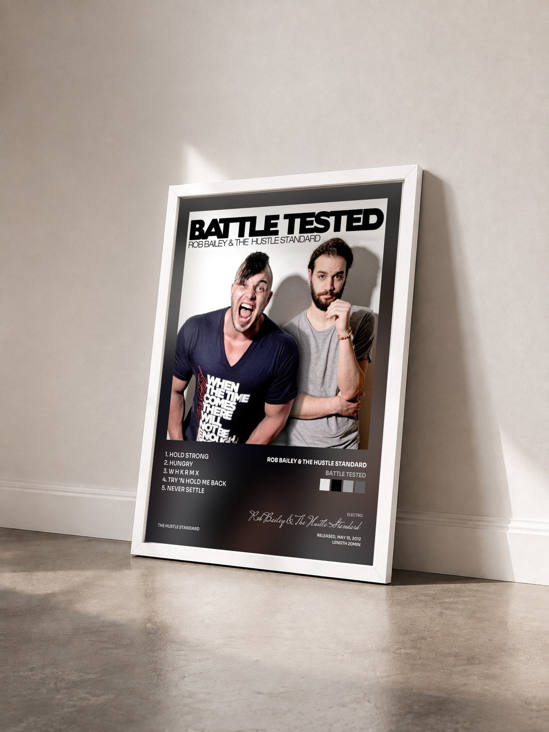 #blanc Tableau de l'album Battle Tested de Rob Bailey & The Hustle Standard vu de trois quarts, cadre blanc