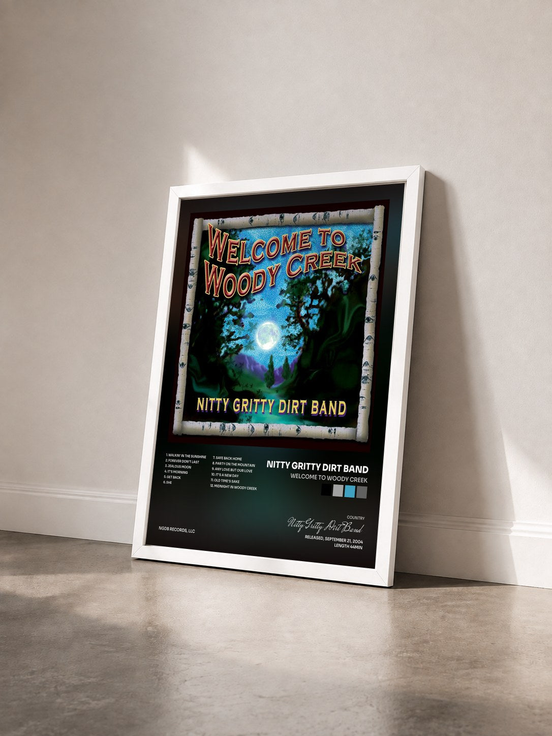 #blanc Tableau de l'album Welcome to Woody Creek de Nitty Gritty Dirt Band vu de trois quarts, cadre blanc