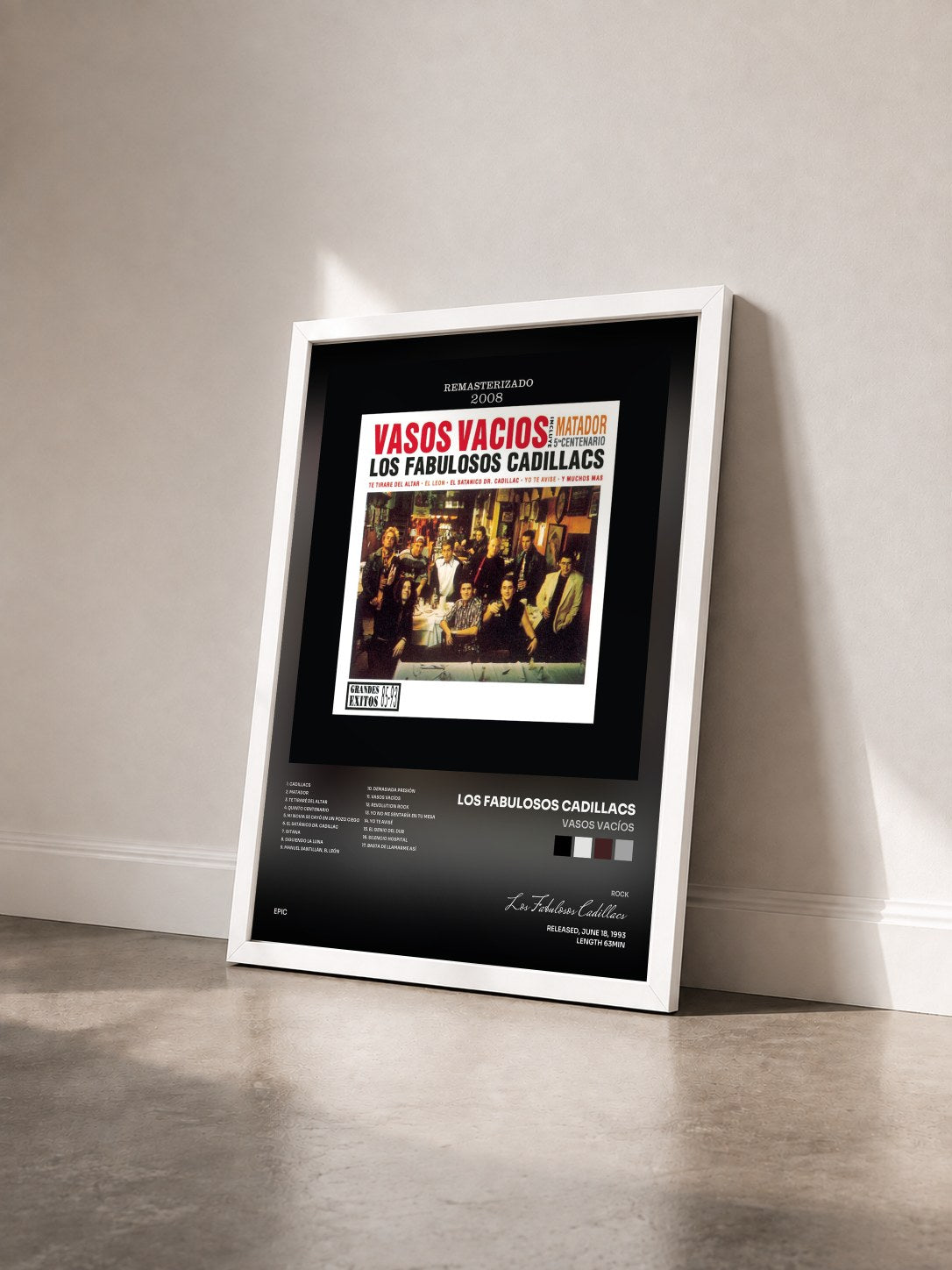 #blanc Tableau de l'album Vasos Vacíos de Los Fabulosos Cadillacs vu de trois quarts, cadre blanc