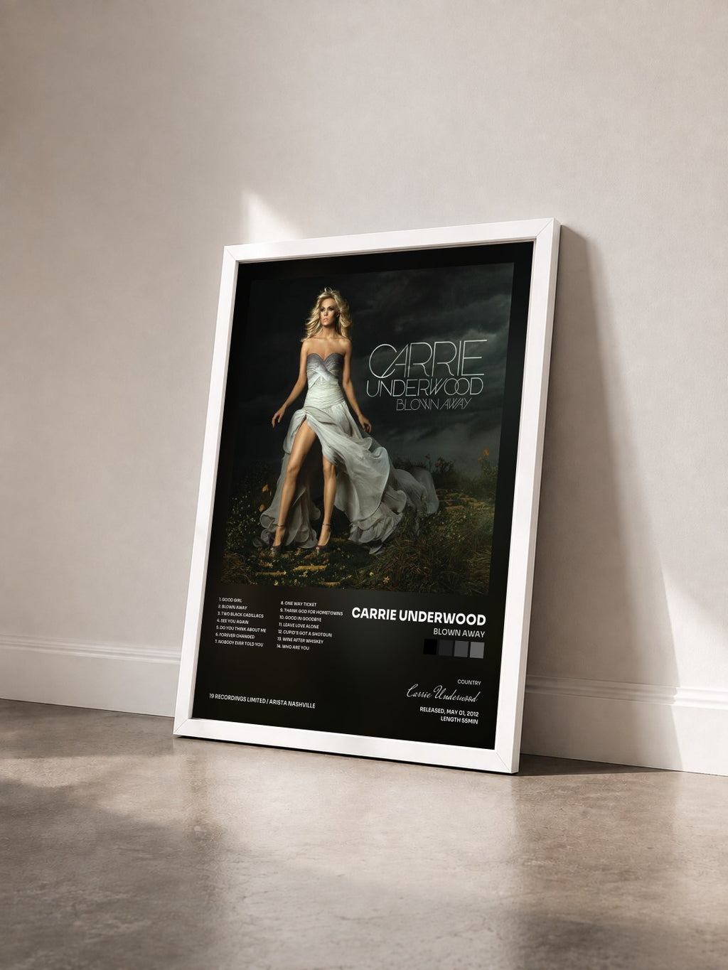 #blanc Tableau de l'album Blown Away de Carrie Underwood vu de trois quarts, cadre blanc