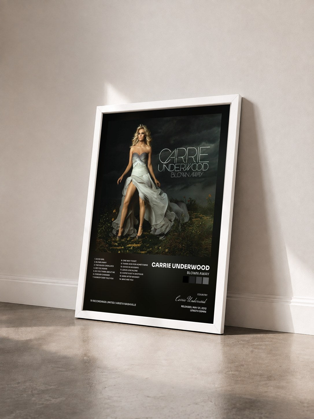 #blanc Tableau de l'album Blown Away de Carrie Underwood vu de trois quarts, cadre blanc