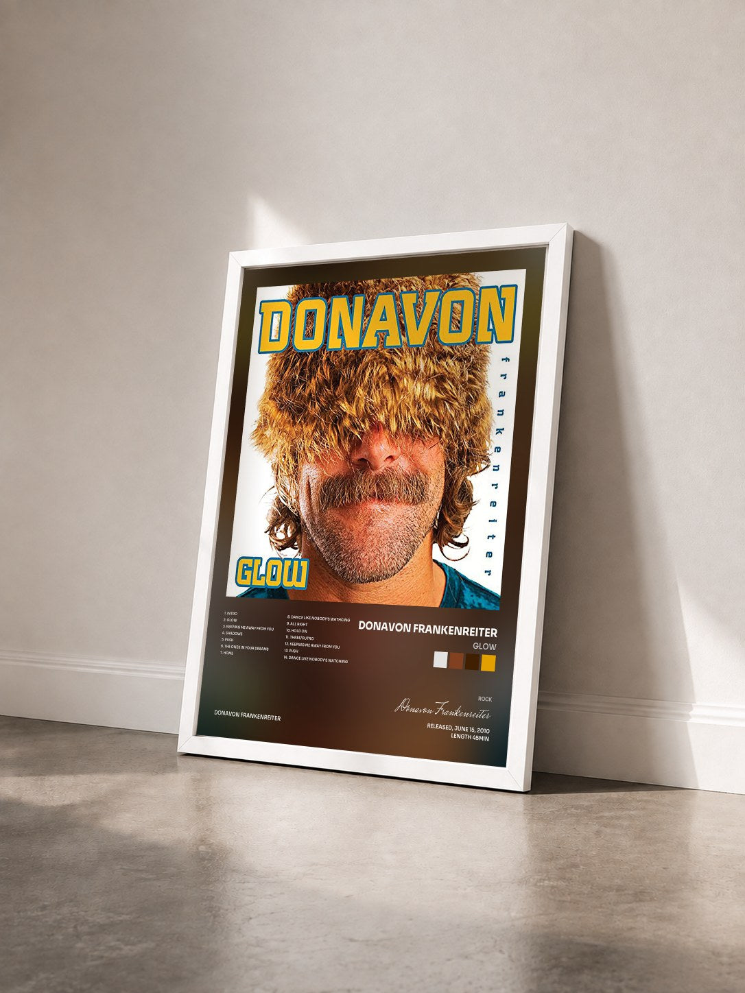 #blanc Tableau de l'album Glow de Donavon Frankenreiter vu de trois quarts, cadre blanc