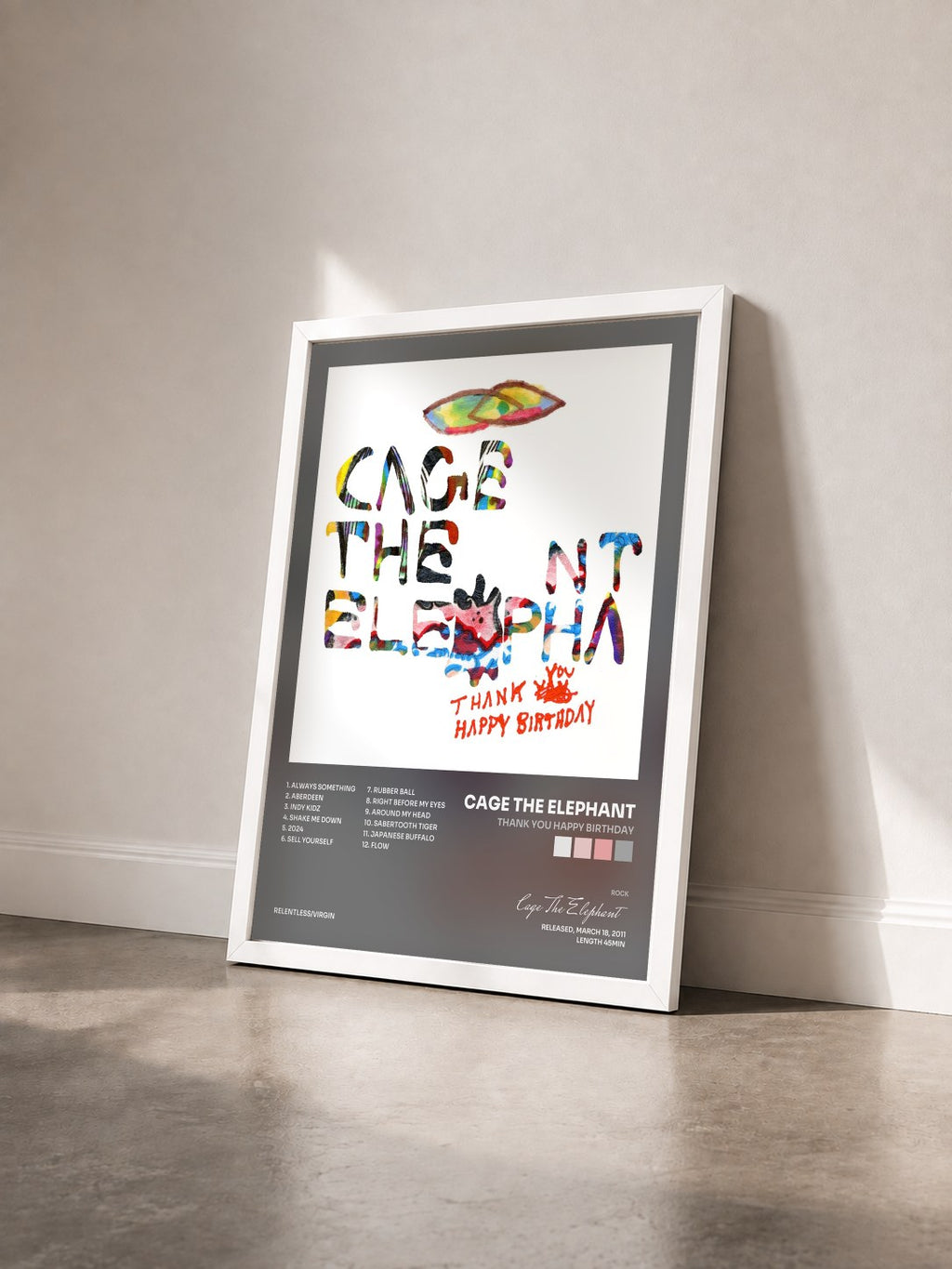 #blanc Thank You Happy Birthday von Cage The Elephant als gerahmter Kunstdruck von schräg gesehen, weißer Rahmen