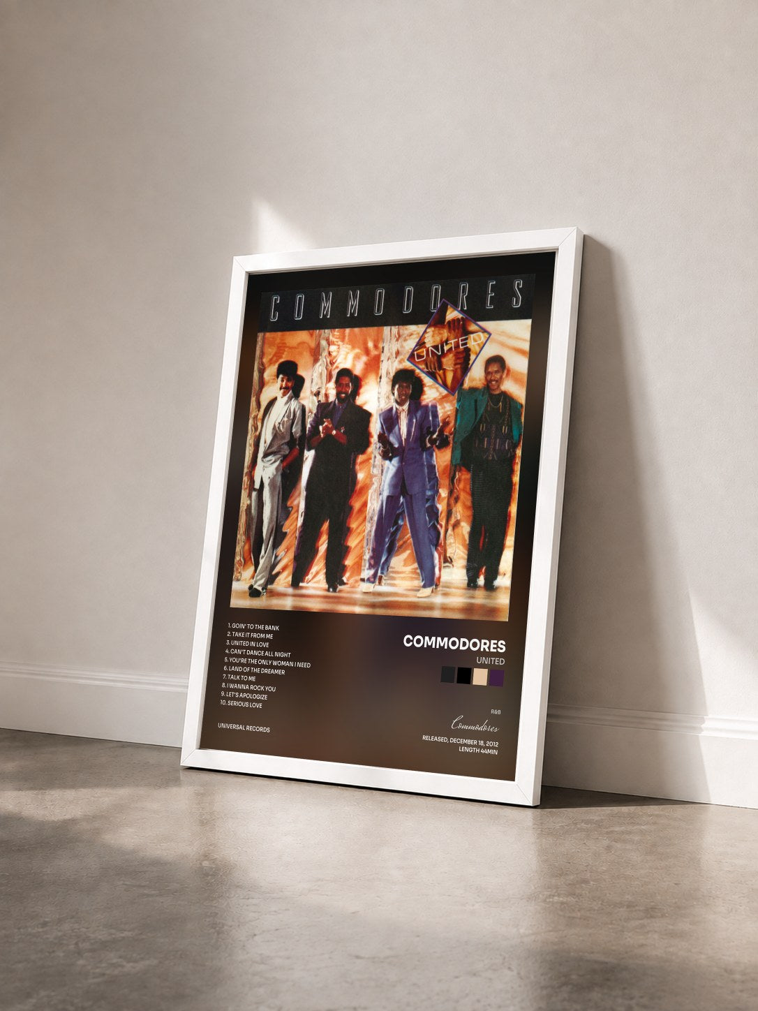 #blanc Tableau de l'album United de Commodores vu de trois quarts, cadre blanc