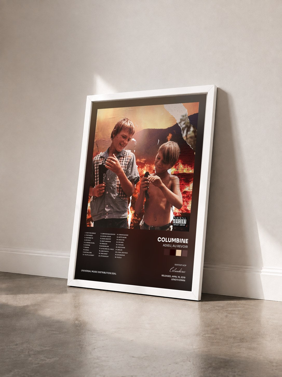 #blanc Adieu, au revoir by Columbine as a framed art print seen at an angle, white frame