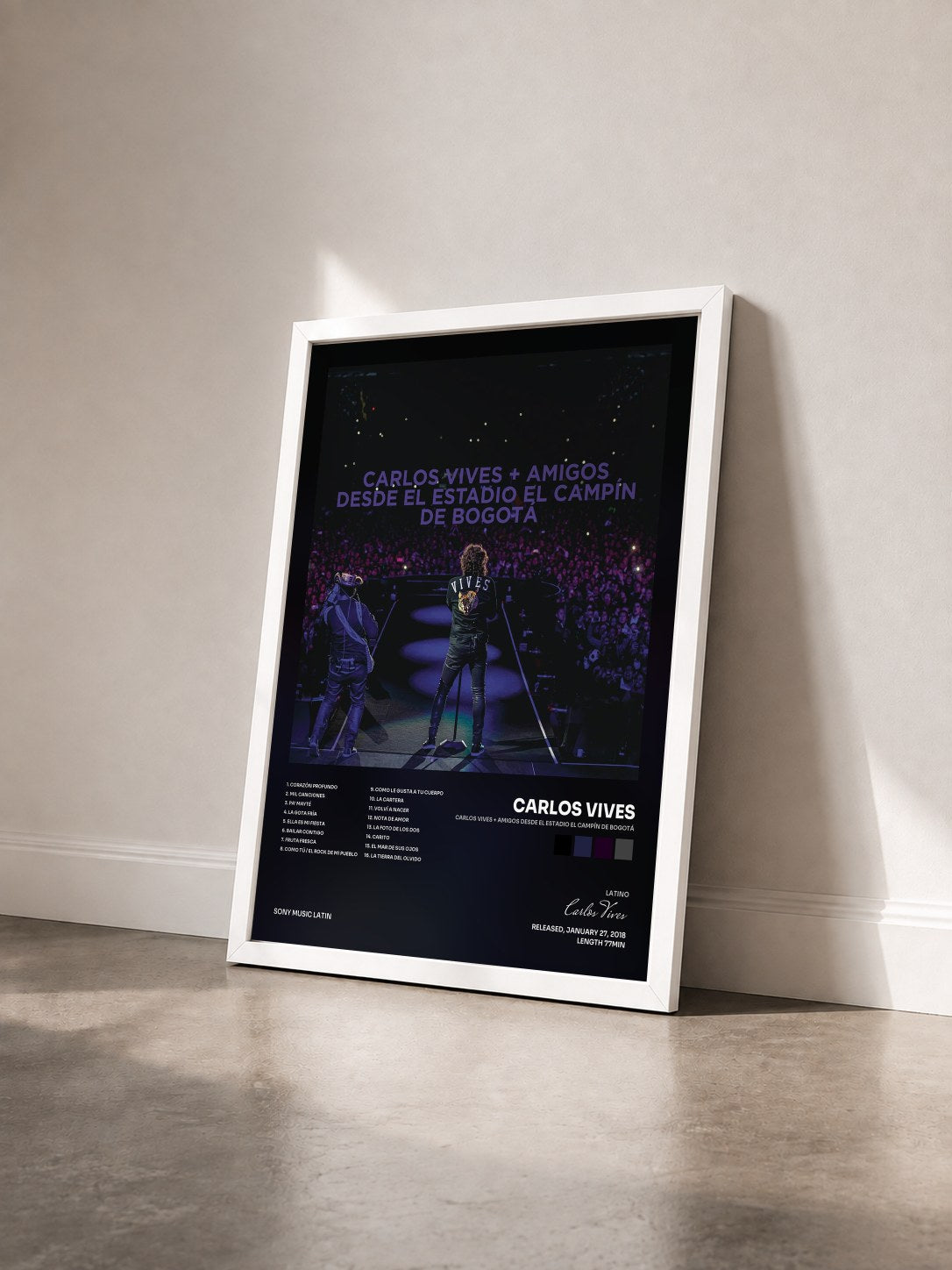 #blanc Tableau de l'album Carlos Vives + Amigos Desde el Estadio El Campín de Bogotá de Carlos Vives vu de trois quarts, cadre blanc