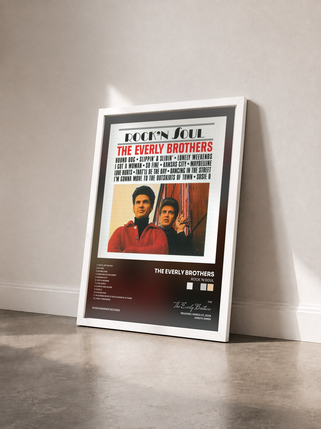 #blanc Tableau de l'album Rock 'n Soul de The Everly Brothers vu de trois quarts, cadre blanc