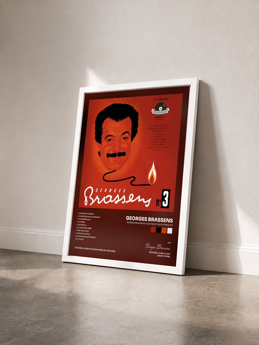 #blanc Tableau de l'album Georges Brassens sa guitare et les rythmes N°3 de Georges Brassens vu de trois quarts, cadre blanc