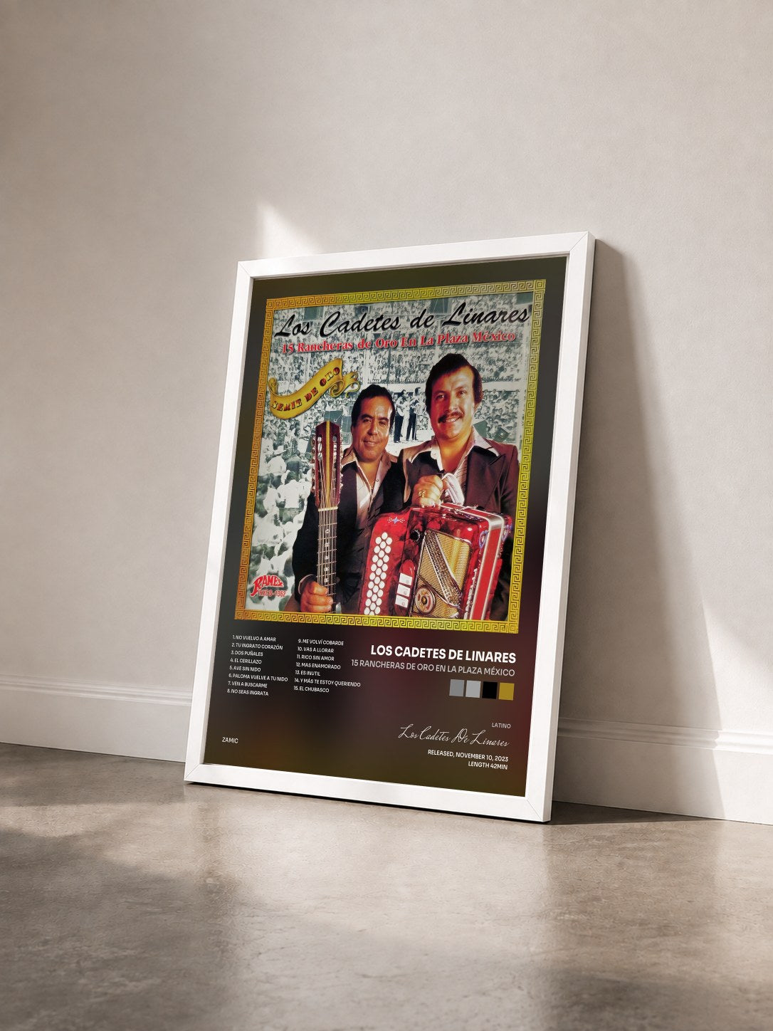#blanc Tableau de l'album 15 Rancheras De Oro En La Plaza México de Los Cadetes De Linares vu de trois quarts, cadre blanc