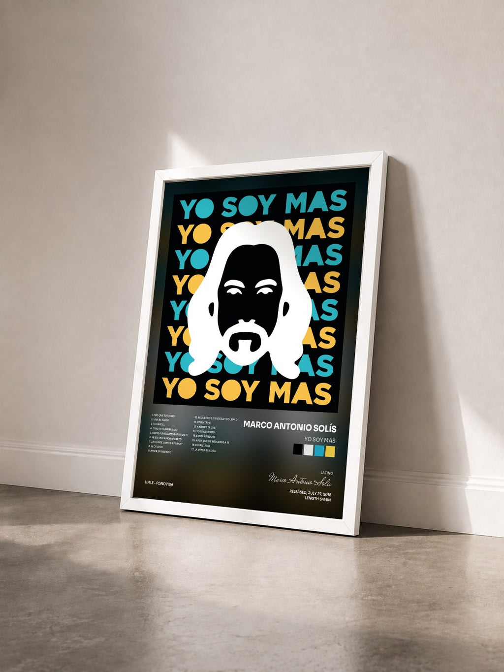 #blanc Yo Soy MAS by Marco Antonio Solís as a framed art print seen at an angle, white frame