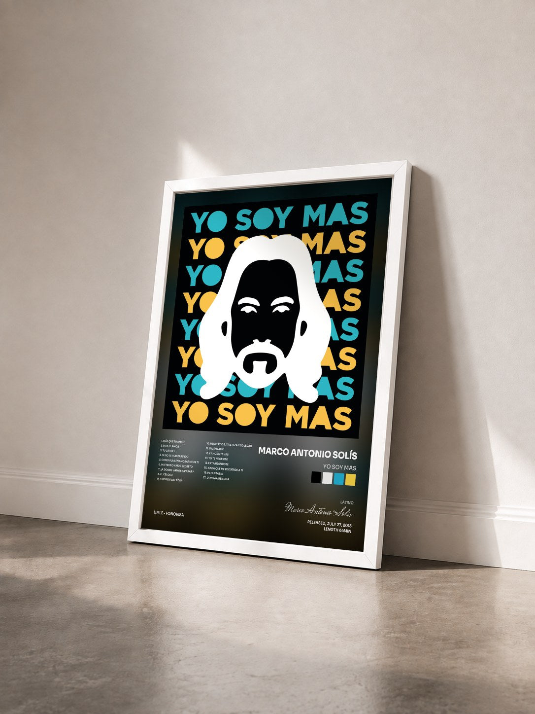 #blanc Tableau de l'album Yo Soy MAS de Marco Antonio Solís vu de trois quarts, cadre blanc
