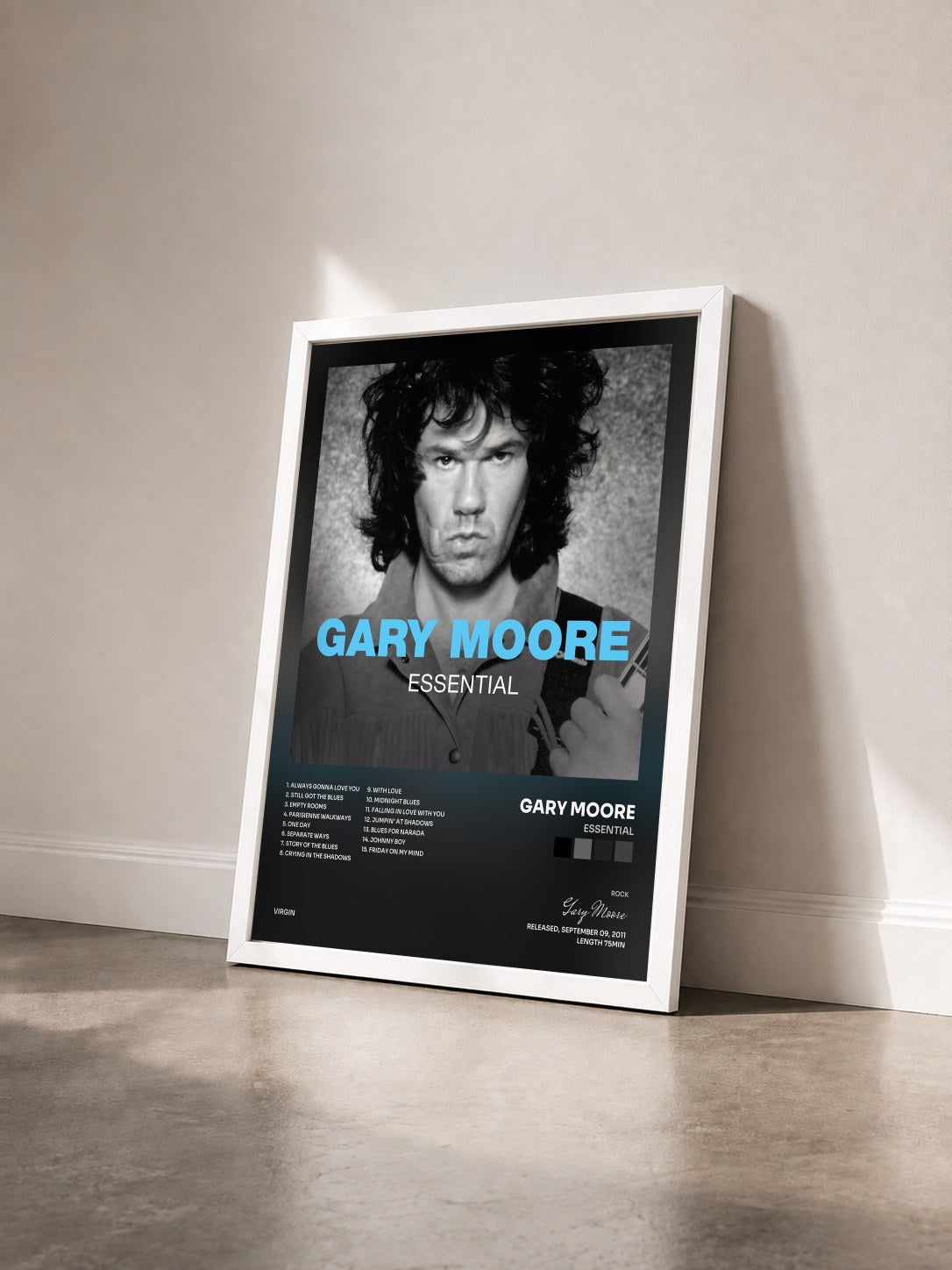 #blanc Essential by Gary Moore as a framed art print seen at an angle, white frame