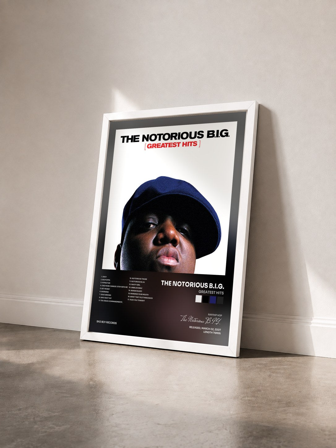 #blanc Tableau de l'album Greatest Hits de The Notorious B.I.G. vu de trois quarts, cadre blanc