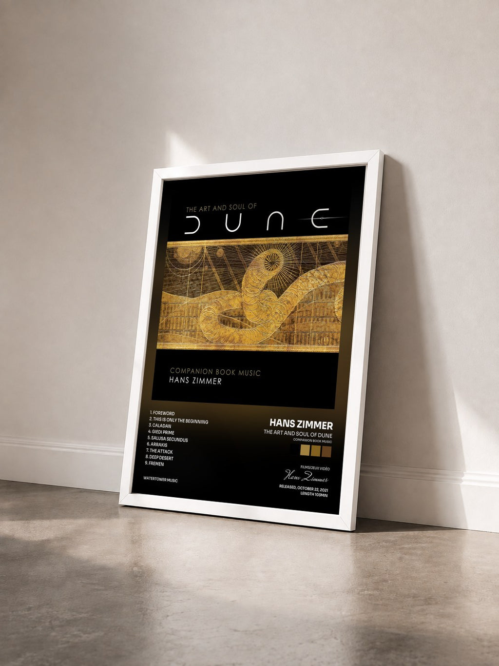 #blanc Tableau de l'album The Art and Soul of Dune (Companion Book Music) de Hans Zimmer vu de trois quarts, cadre blanc