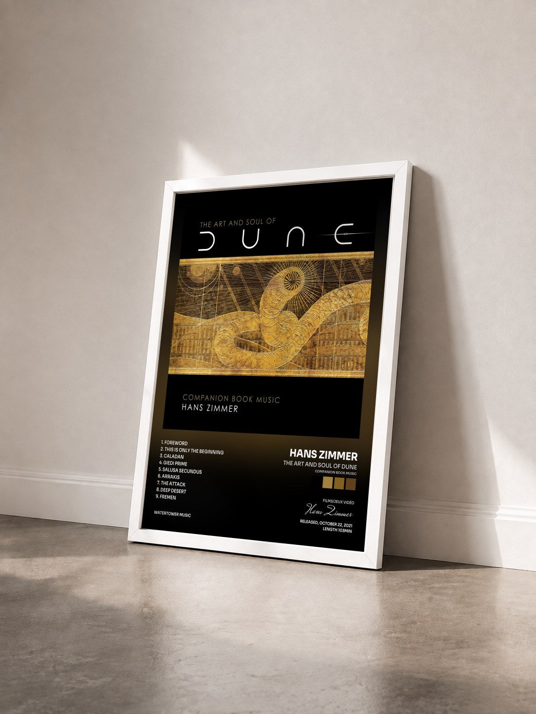 #blanc Tableau de l'album The Art and Soul of Dune (Companion Book Music) de Hans Zimmer vu de trois quarts, cadre blanc