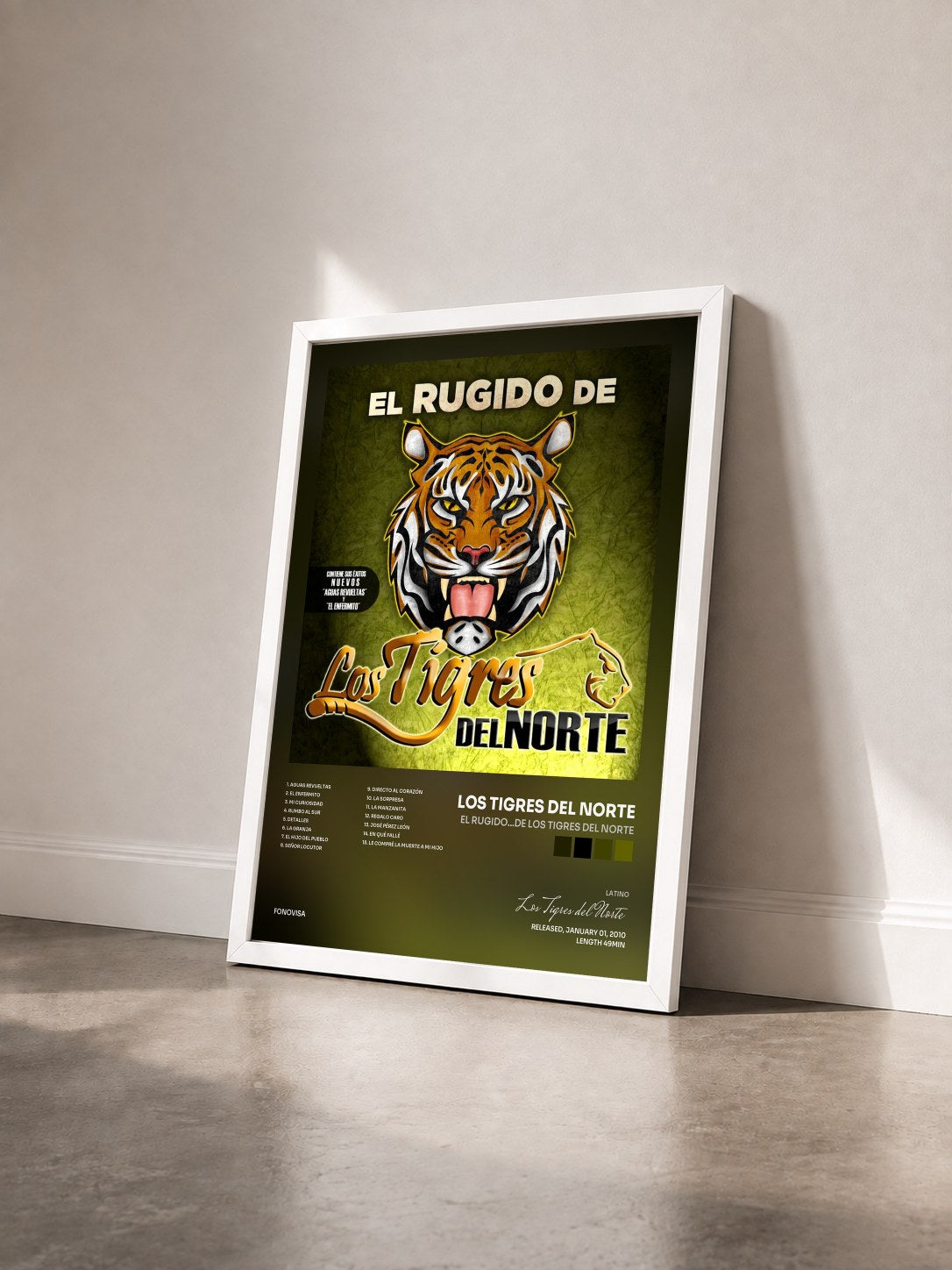 #blanc Tableau de l'album El Rugido...De Los Tigres Del Norte de Los Tigres del Norte vu de trois quarts, cadre blanc