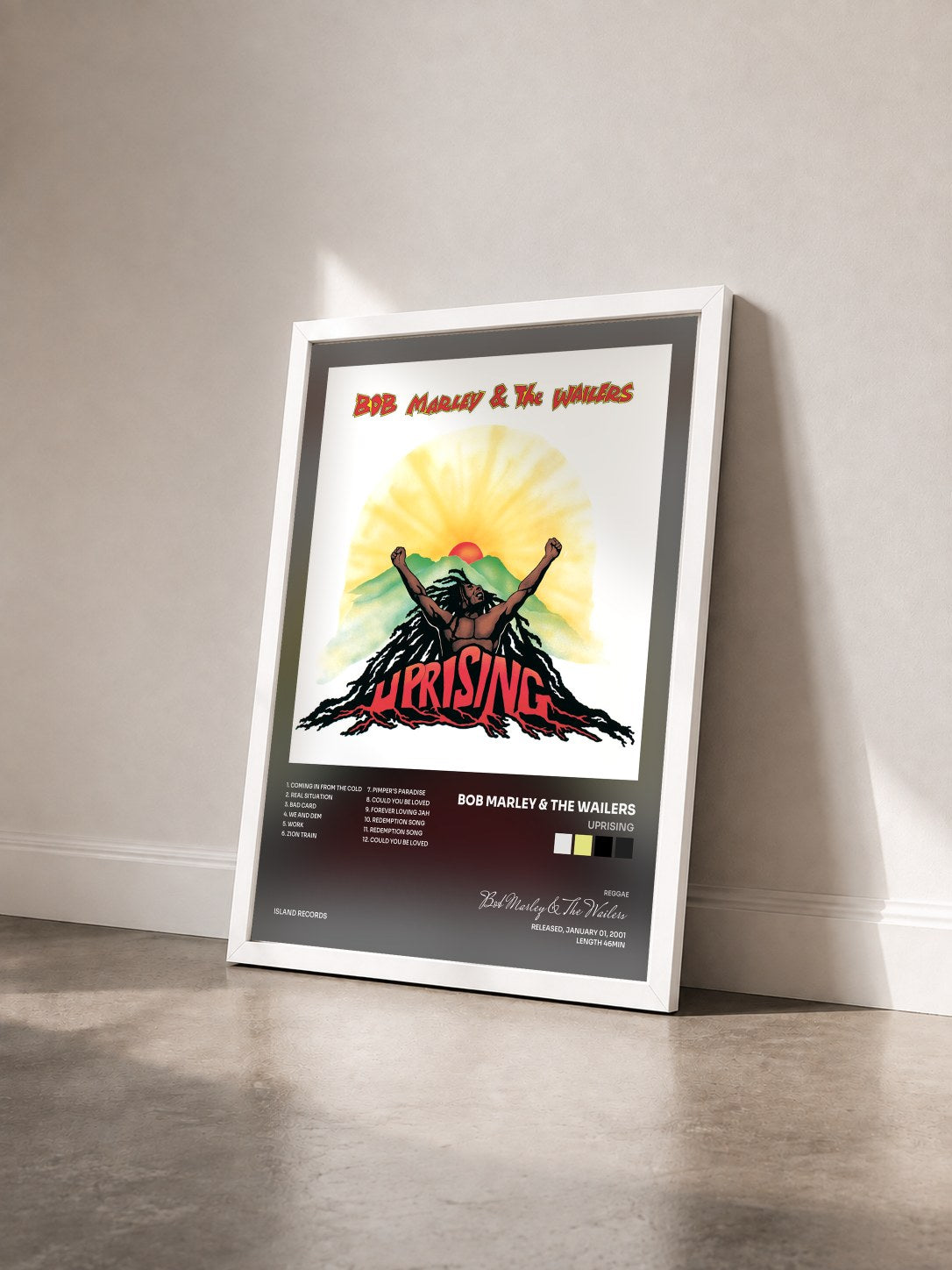 #blanc Uprising by Bob Marley & The Wailers as a framed art print seen at an angle, white frame