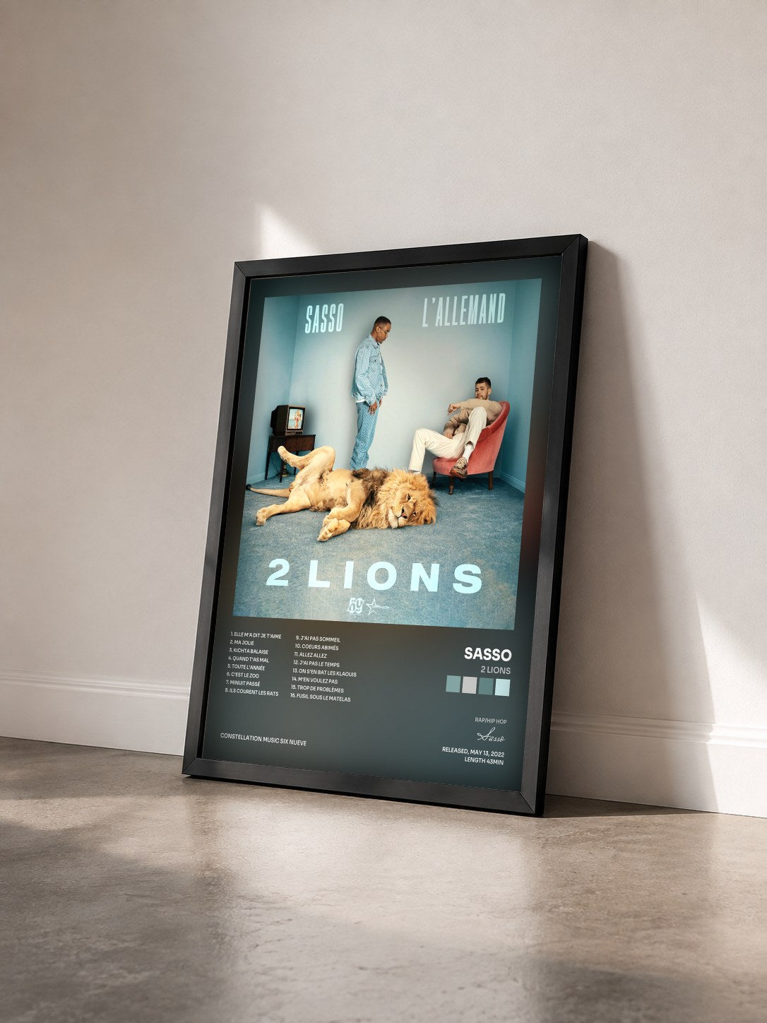 #noir Tableau de l'album 2 Lions de Sasso vu de trois quarts, cadre noir