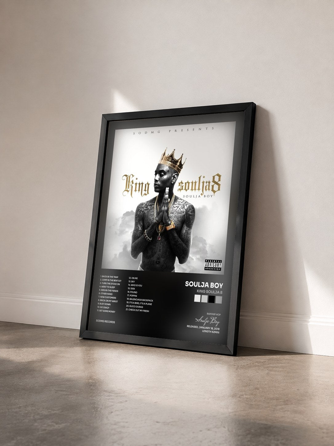 #noir King Soulja 8 by Soulja Boy as a framed art print seen at an angle, black frame