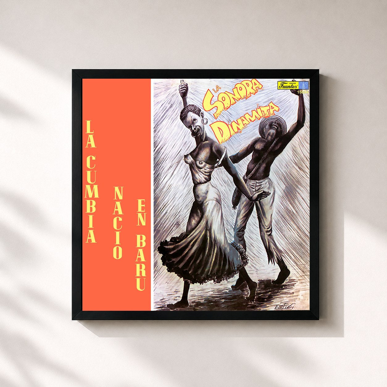#noir Tableau carré de l'album La Cumbia Nació en Barú de La Sonora Dinamita, cadre noir 32x32 cm
