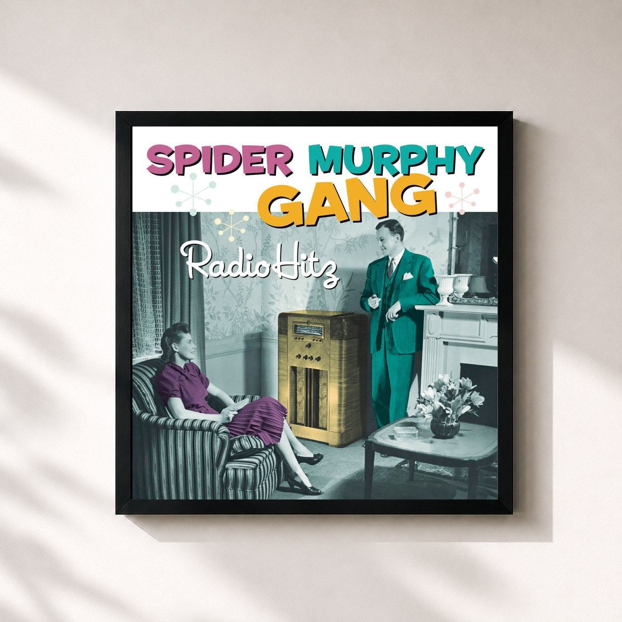 #noir Tableau carré de l'album Radio Hitz de Spider Murphy Gang, cadre noir 32x32 cm