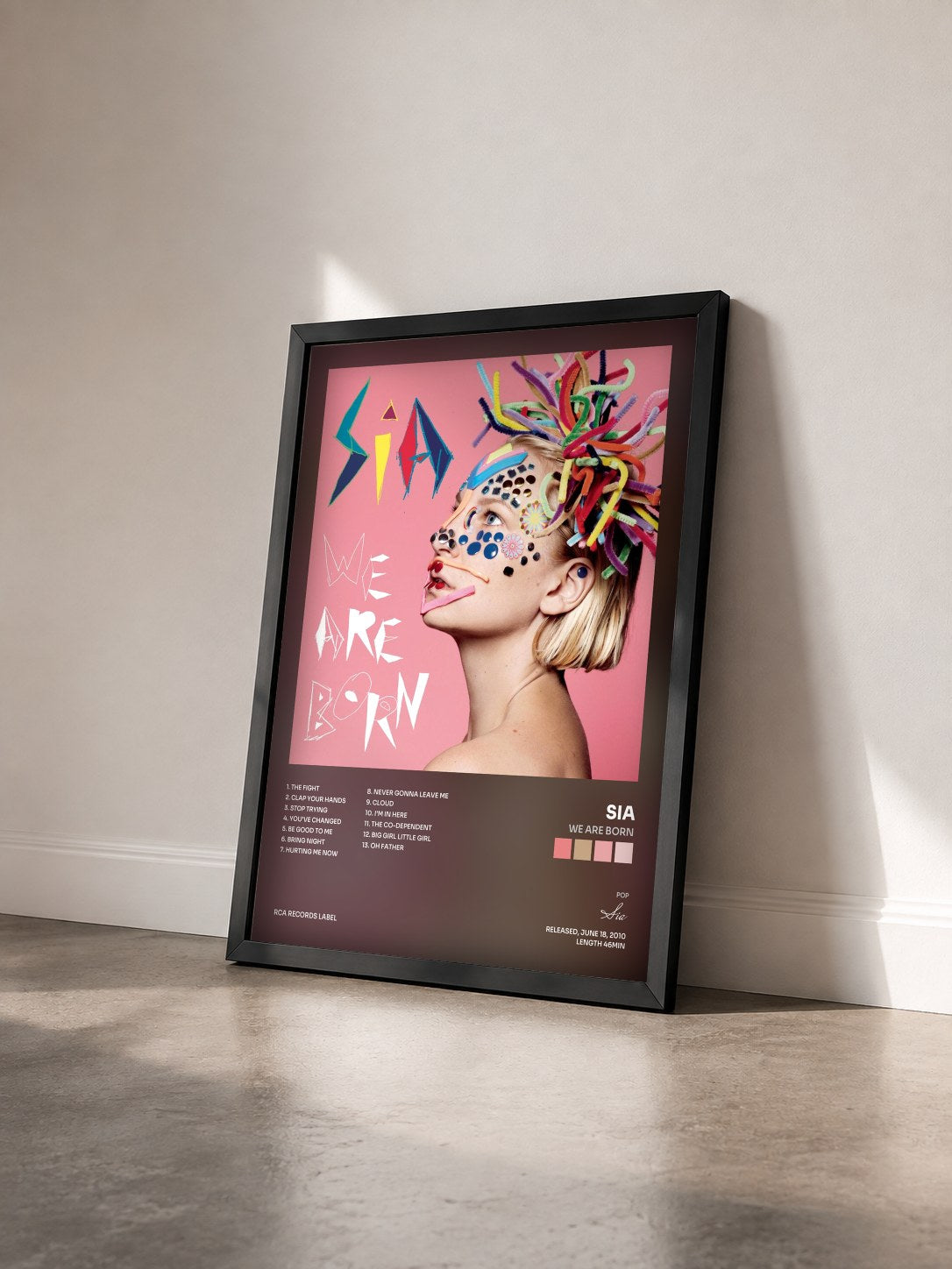 #noir Tableau de l'album We Are Born de Sia vu de trois quarts, cadre noir