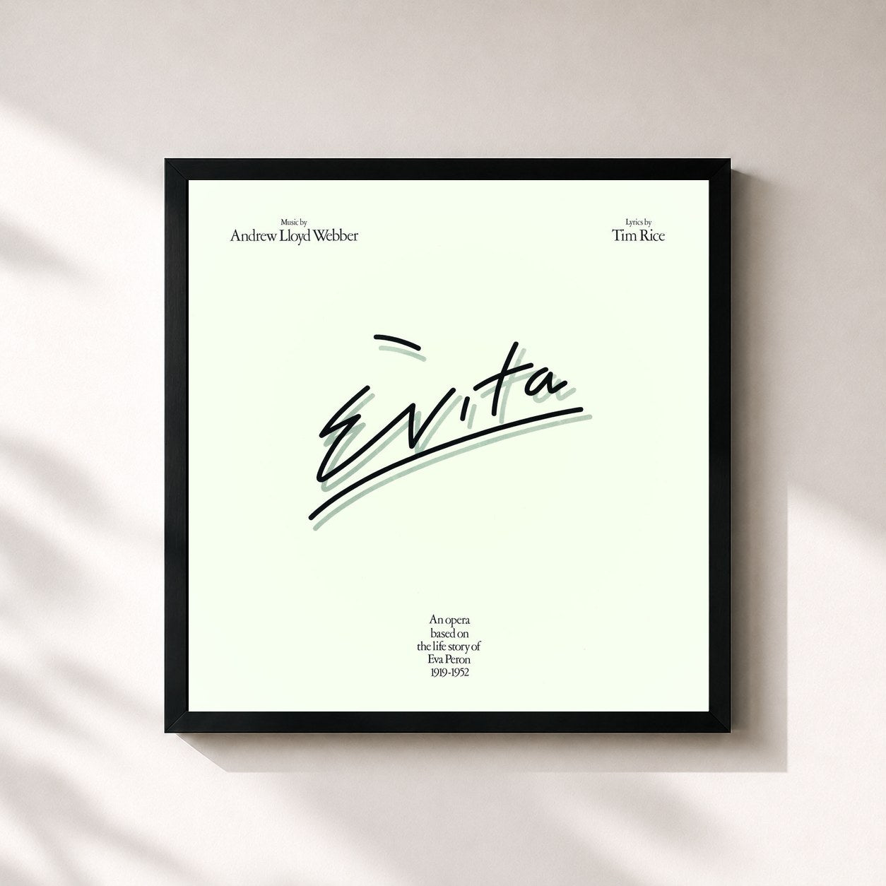 #noir Tableau carré de l'album Evita (1976 Concept Album) de Andrew Lloyd Webber, cadre noir 32x32 cm
