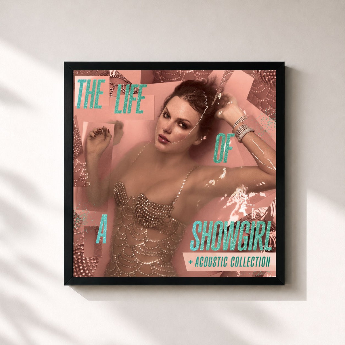 #noir Tableau carré de l'album The Life of a Showgirl + Acoustic Collection de Taylor Swift, cadre noir 32x32 cm