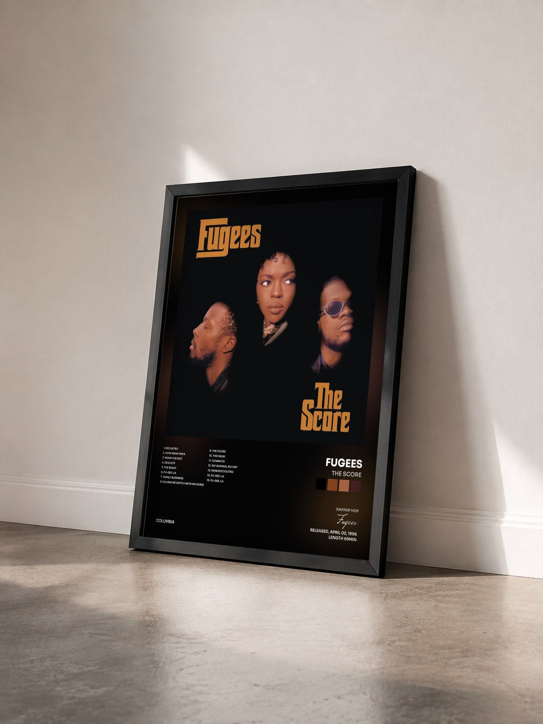 #noir The Score by Fugees as a framed art print seen at an angle, black frame