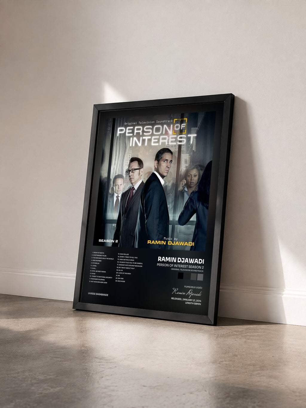 #noir Person Of Interest Season 2 (Original Television Soundtrack) von Ramin Djawadi als gerahmter Kunstdruck von schräg gesehen, schwarzer Rahmen
