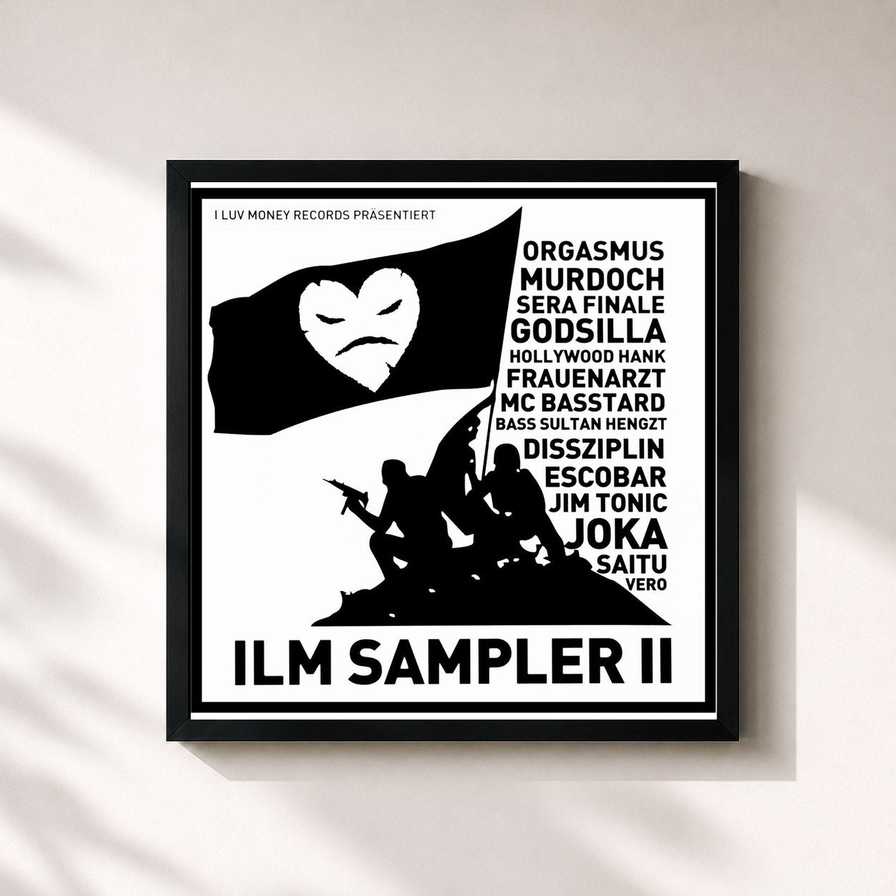 #noir Tableau carré de l'album ILM Sampler 2 de King Orgasmus One, cadre noir 32x32 cm