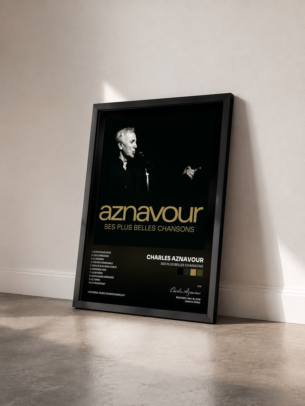 #noir Tableau de l'album Ses plus belles chansons de Charles Aznavour vu de trois quarts, cadre noir