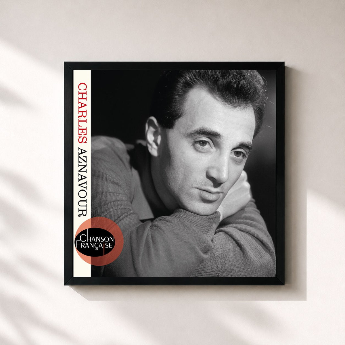 #noir Tableau carré de l'album Chanson française de Charles Aznavour, cadre noir 32x32 cm