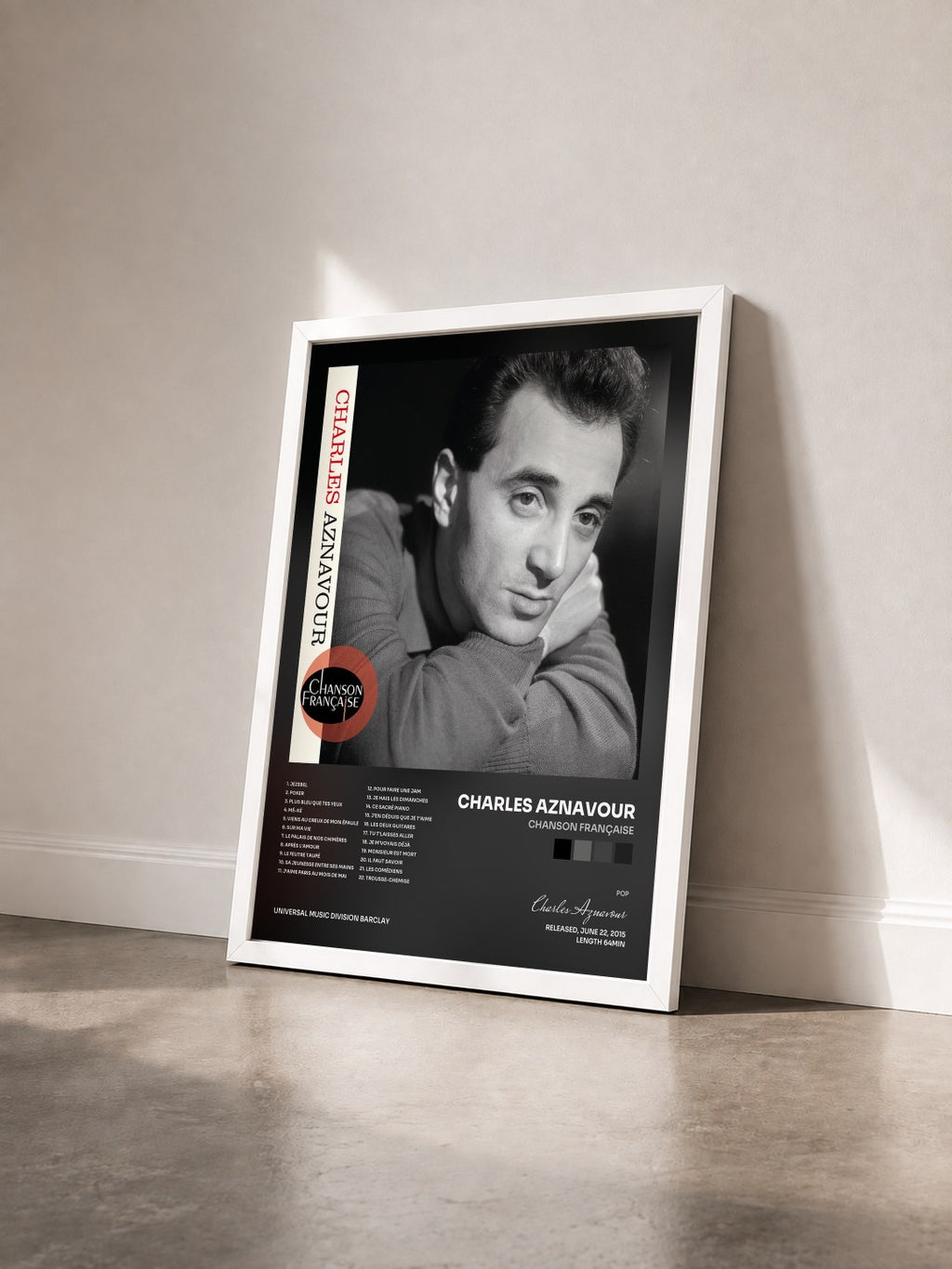 #blanc Tableau de l'album Chanson française de Charles Aznavour vu de trois quarts, cadre blanc